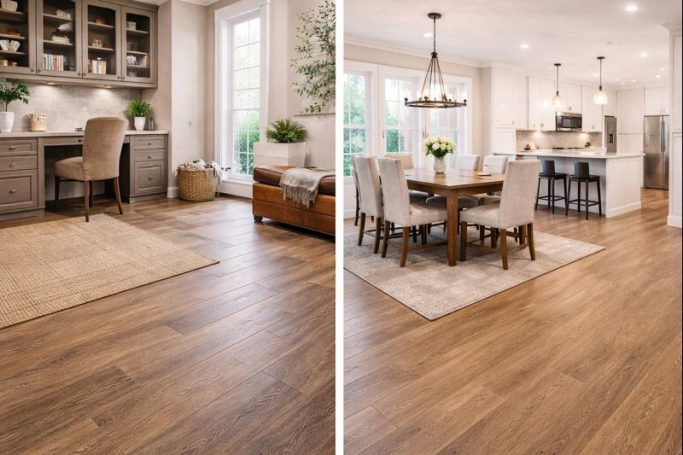 Luxury Vinyl Flooring for Modern Interiors Luxury vinyl plank flooring in a modern kitchen and living space with warm wood tones