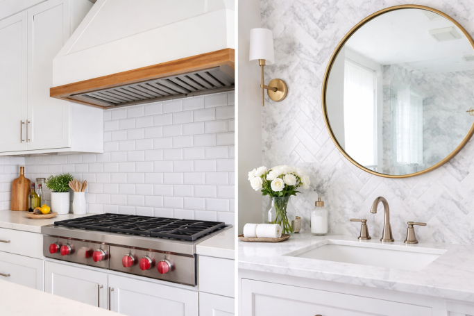 White subway tile kitchen backsplash and marble herringbone bathroom wall tile installation