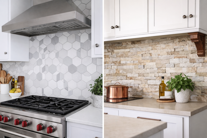 Modern hexagon tile backsplash and stacked stone backsplash installed in white kitchen.