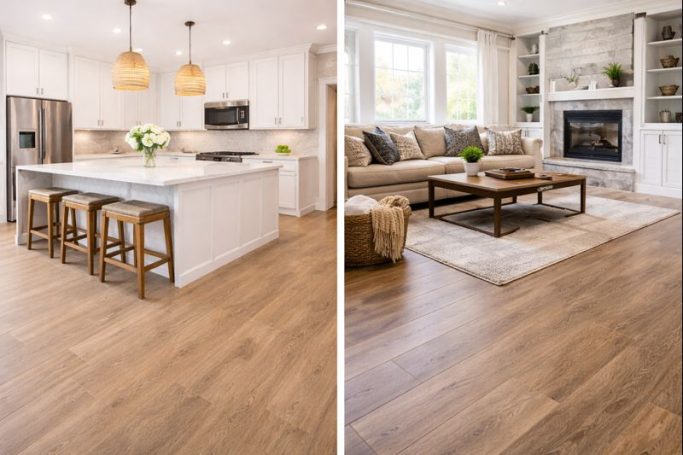 Finished LVT Flooring in Residential Home Finished luxury vinyl plank flooring in a bright modern home interior with natural light