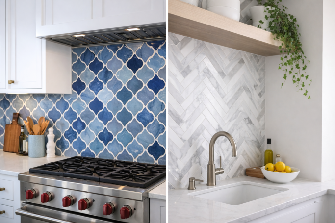 Blue Moroccan tile kitchen backsplash installed behind stainless steel range with white cabinetry.